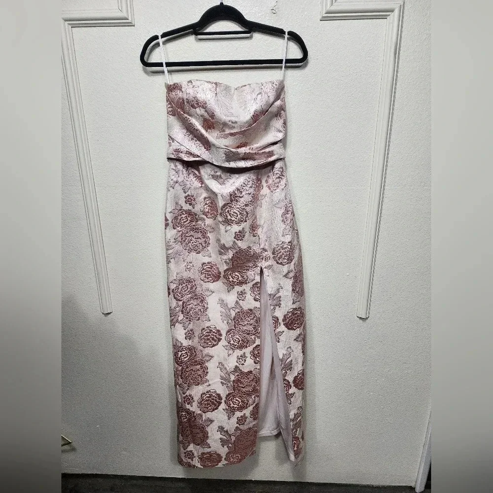 Lulus Redefine Regal Pale Pink Floral Jacquard Strapless Maxi Dress XS Wedding